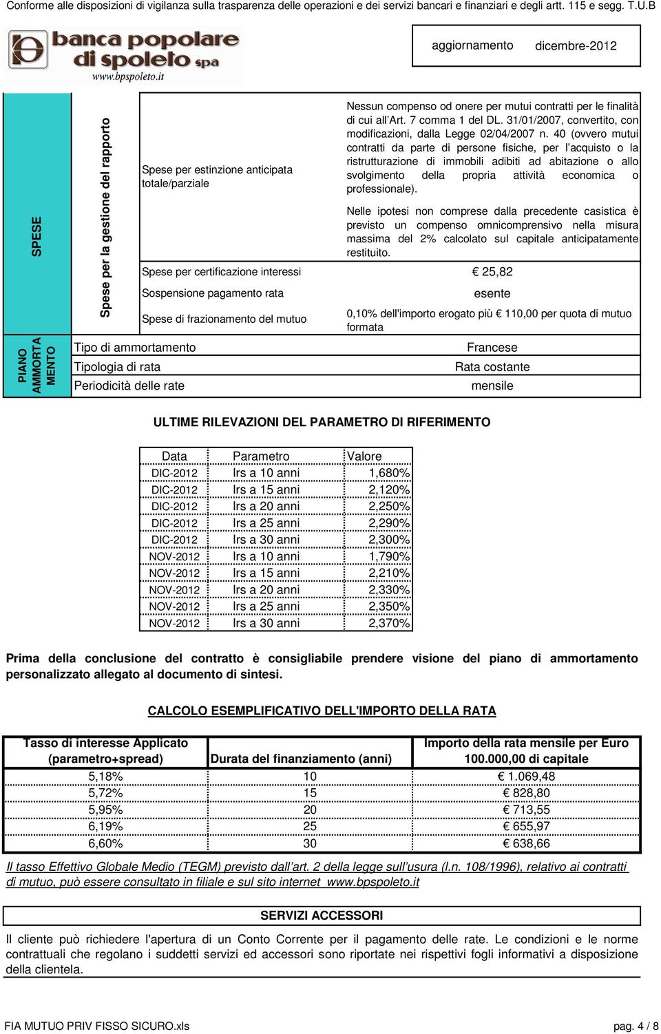 Spese di frazionamento del mutuo esente Rata costante Nessun compenso od onere per mutui contratti per le finalità di cui all Art. 7 comma 1 del DL.