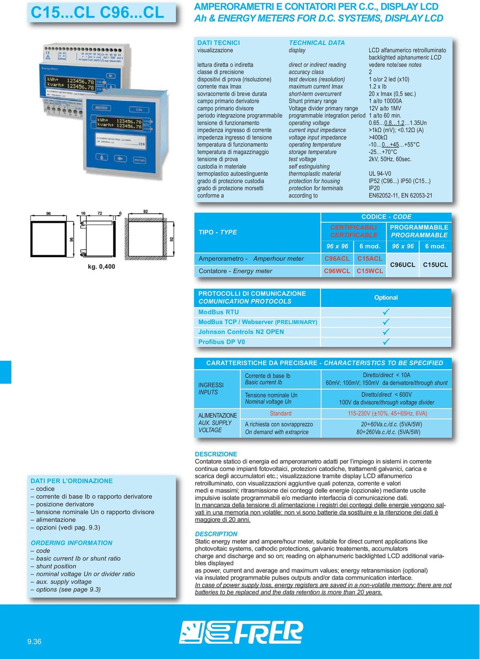 grado di protezione custodia protection for housing IP52 (C96...) IP50 (C15...) conforme a according to EN62052-11, EN 62053-21 CERTIFICABILI CERTIFICABLE PROGRAMMABILE PROGRAMMABLE 96 x 96 6 mod.