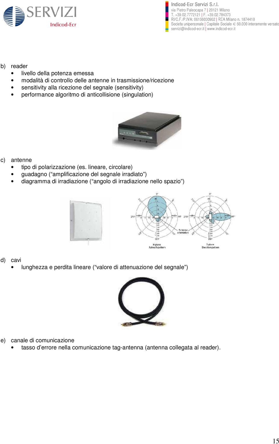 lineare, circolare) guadagno ( amplificazione del segnale irradiato ) diagramma di irradiazione ( angolo di irradiazione nello spazio ) d) cavi