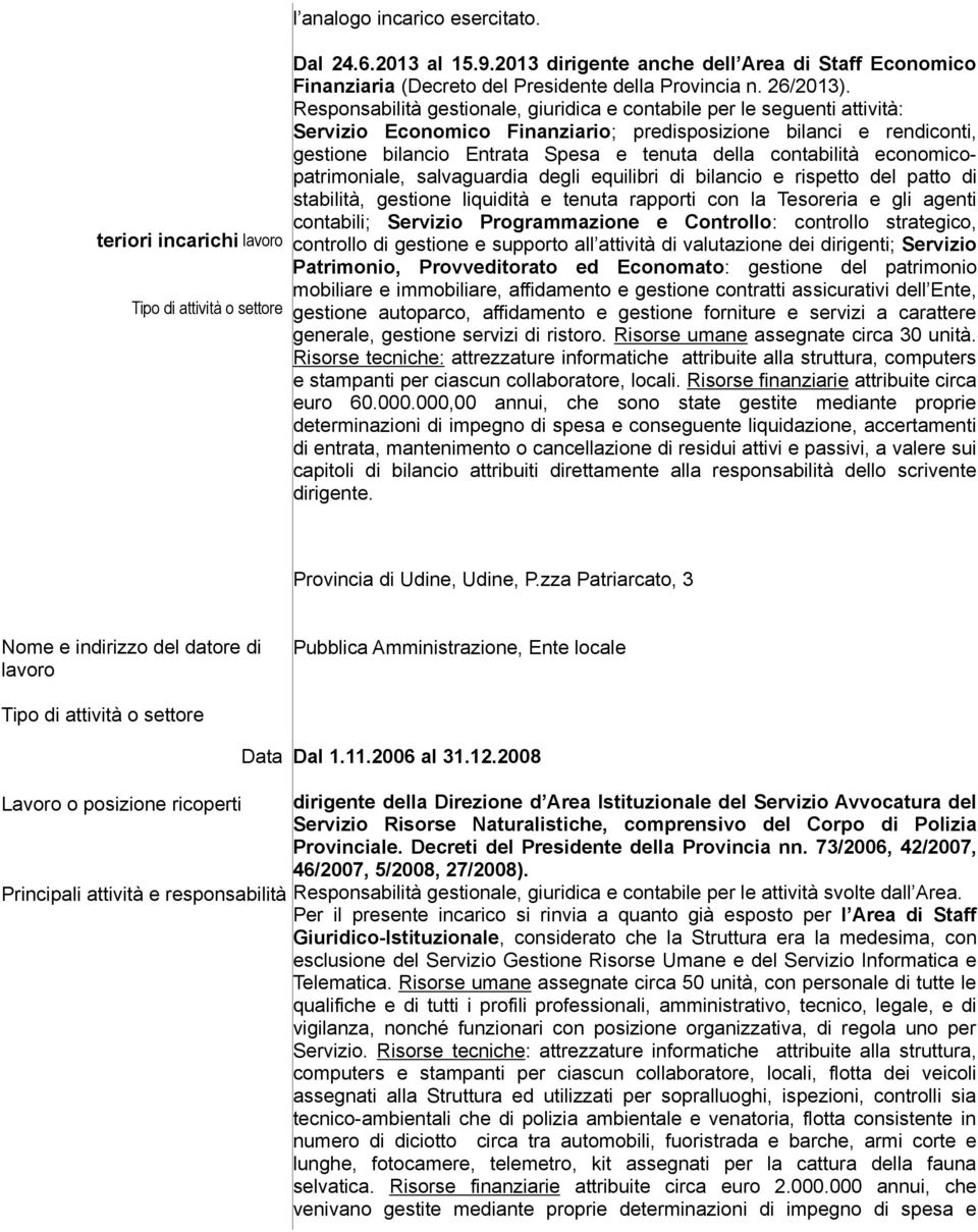 Responsabilità gestionale, giuridica e contabile per le seguenti attività: Servizio Economico Finanziario; predisposizione bilanci e rendiconti, gestione bilancio Entrata Spesa e tenuta della