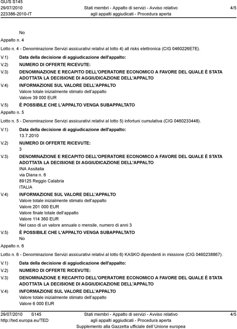 5 - Denominazione Servizi assicurativi relativi al lotto 5) infortuni cumulativa (CIG 0460233448). Appalto n. 6 13.7.