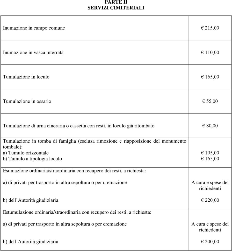 Esumazione ordinaria/straordinaria con recupero dei resti, a richiesta: a) di privati per trasporto in altra sepoltura o per cremazione b) dell Autorità giudiziaria A cura e spese dei richiedenti