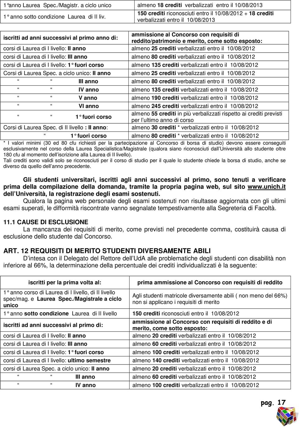 merito, come sotto esposto: corsi di Laurea di I livello: II anno almeno 25 crediti verbalizzati entro il 10/08/2012 corsi di Laurea di I livello: III anno almeno 80 crediti verbalizzati entro il