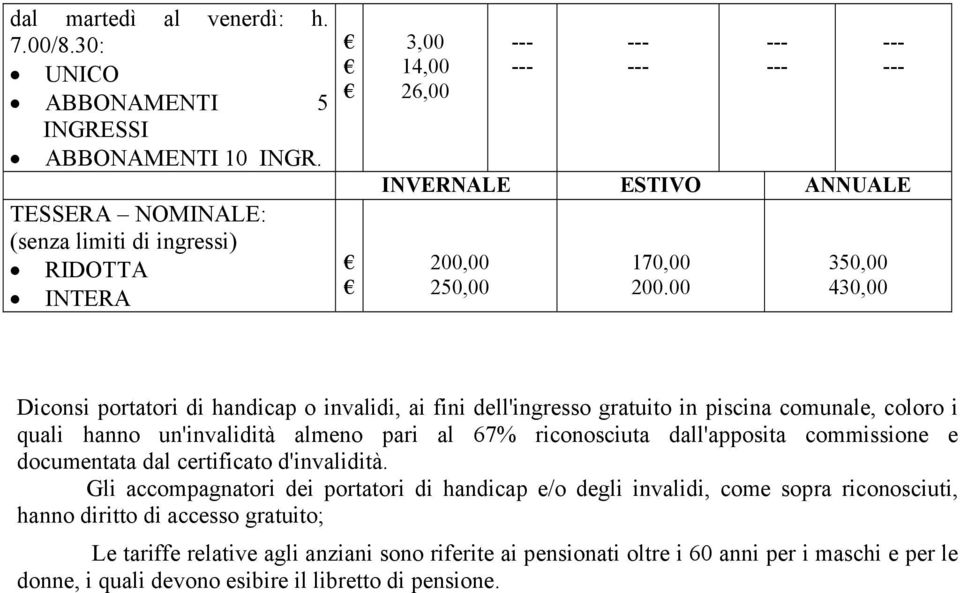 00 350,00 430,00 Diconsi portatori di handicap o invalidi, ai fini dell'ingresso gratuito in piscina comunale, coloro i quali hanno un'invalidità almeno pari al 67% riconosciuta