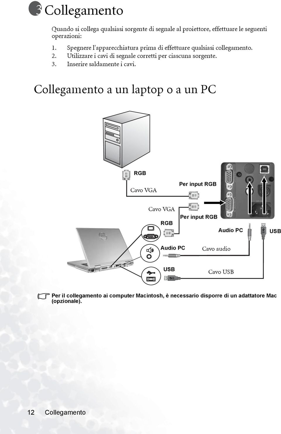 Utilizzare i cavi di segnale corretti per ciascuna sorgente. 3. Inserire saldamente i cavi.