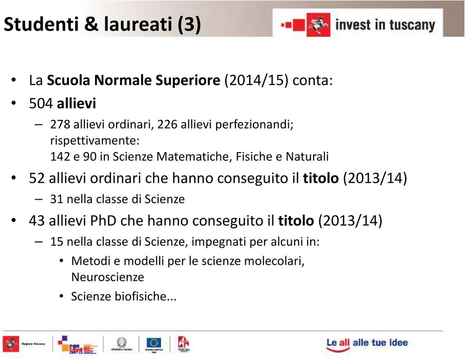 conseguito il titolo (2013/14) 31 nella classe di Scienze 43 allievi PhD che hanno conseguito il titolo(2013/14) 15