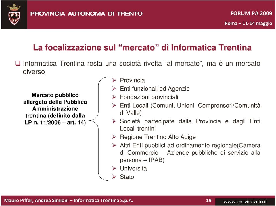 14) Enti funzionali ed Agenzie Fondazioni provinciali Enti Locali (Comuni, Unioni, Comprensori/Comunità di Valle) Società partecipate dalla Provincia e dagli