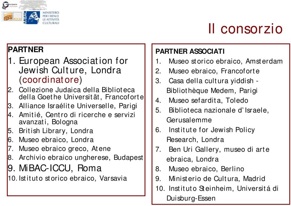 Archivio ebraico ungherese, Budapest 9. MiBAC-ICCU, Roma 10.Istituto storico ebraico, Varsavia PARTNER ASSOCIATI 1. Museo storico ebraico, Amsterdam 2. Museo ebraico, Francoforte 3.