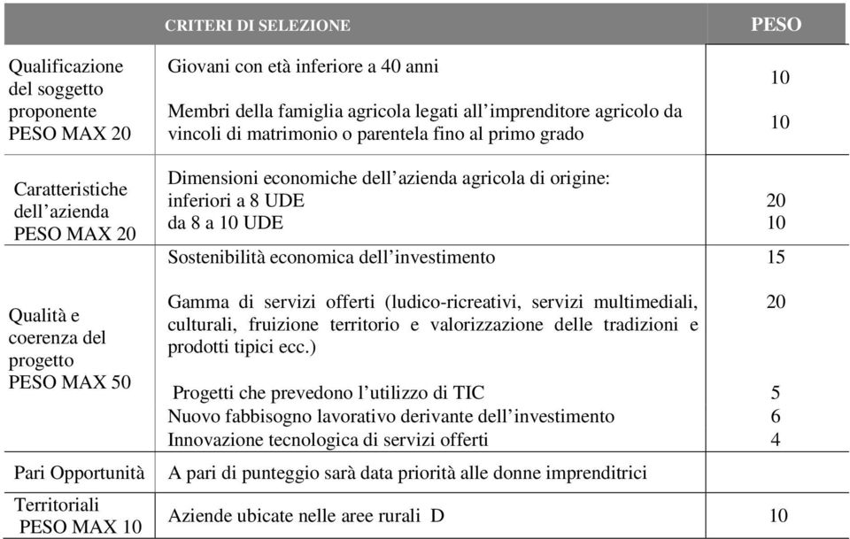 investimento PESO 20 15 Qualità e coerenza del progetto PESO MAX 50 Pari Opportunità Territoriali PESO MAX Gamma di servizi offerti (ludico-ricreativi, servizi multimediali, culturali, fruizione