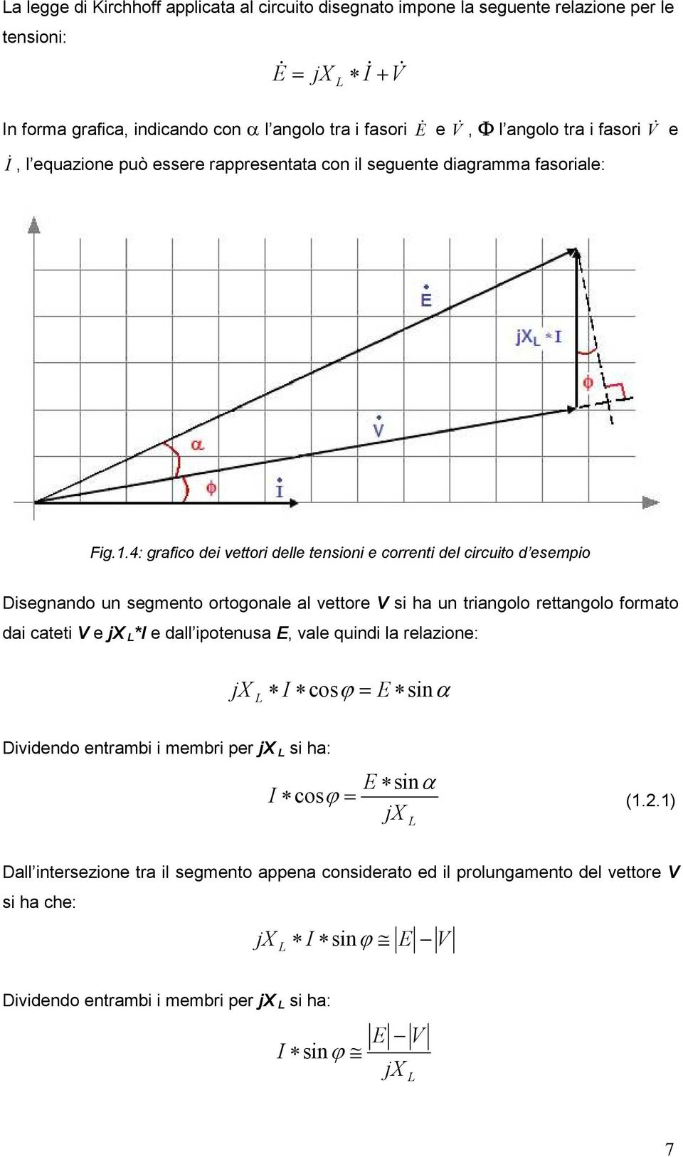 4: grafico dei vettori delle tensioni e correnti del circuito d esempio Disegnando un segmento ortogonale al vettore V si ha un triangolo rettangolo formato dai cateti V e jx L*I e dall ipotenusa E,