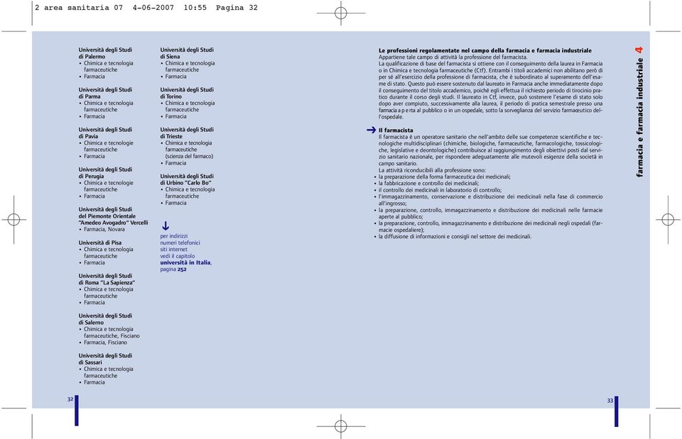 (scienza del farmaco ) Farmacia di Urbino Carlo Bo per indirizzi numeri telefonici siti internet vedi il capitolo università in Italia, pagina 2 5 2 Le professioni regolamentate nel campo della