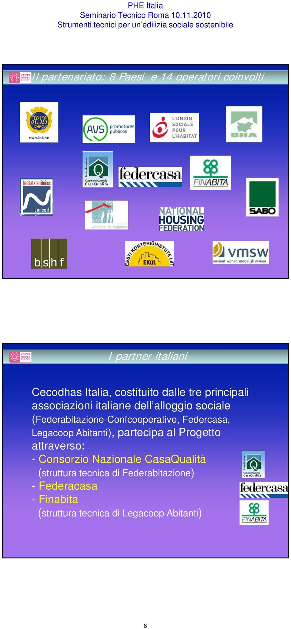 Federcasa, Legacoop Abitanti), partecipa al Progetto attraverso: - Consorzio Nazionale CasaQualità