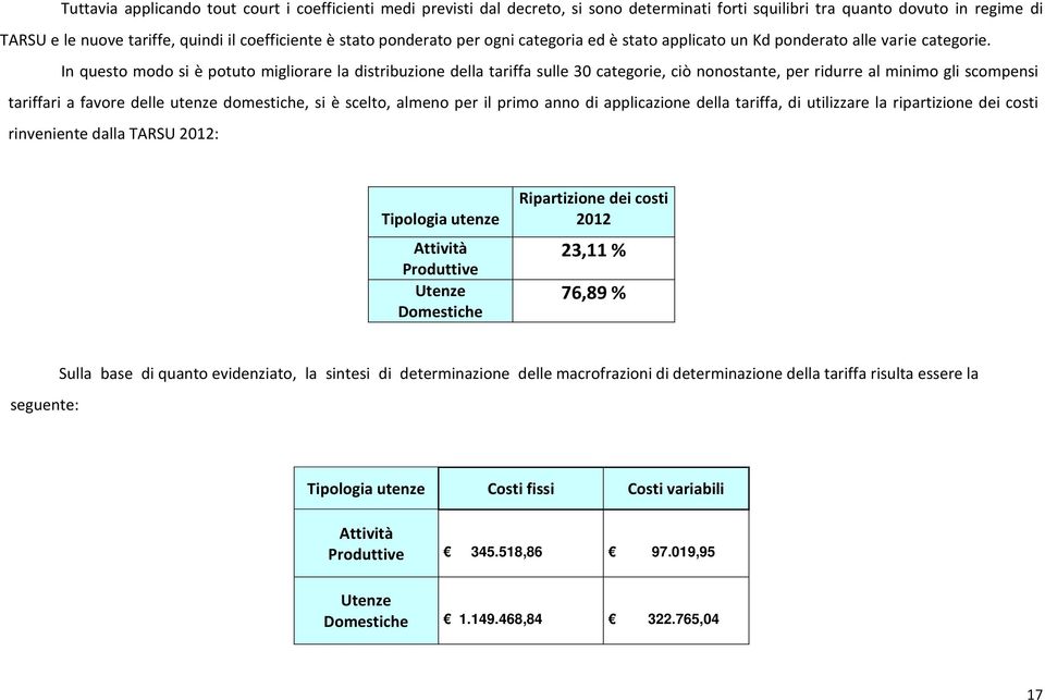 In questo modo si è potuto migliorare la distribuzione della tariffa sulle 30 categorie, ciò nonostante, per ridurre al minimo gli scompensi tariffari a favore delle utenze domestiche, si è scelto,