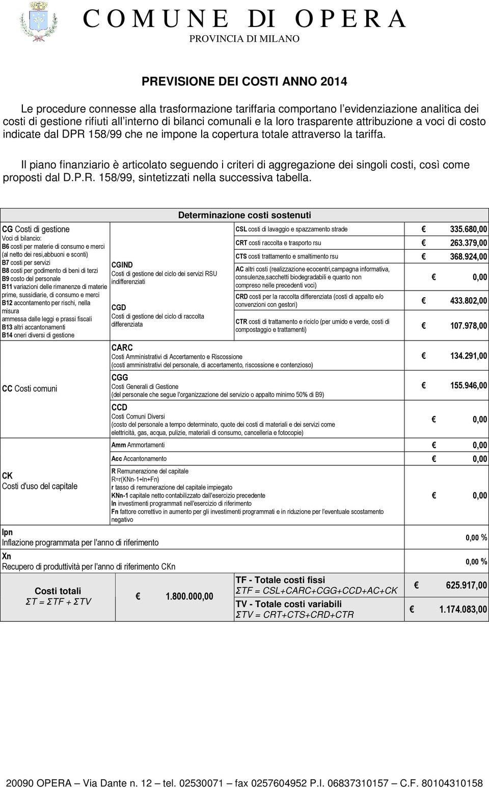 Il piano finanziario è articolato seguendo i criteri di aggregazione dei singoli costi, così come proposti dal D.P.R. 158/99, sintetizzati nella successiva tabella.