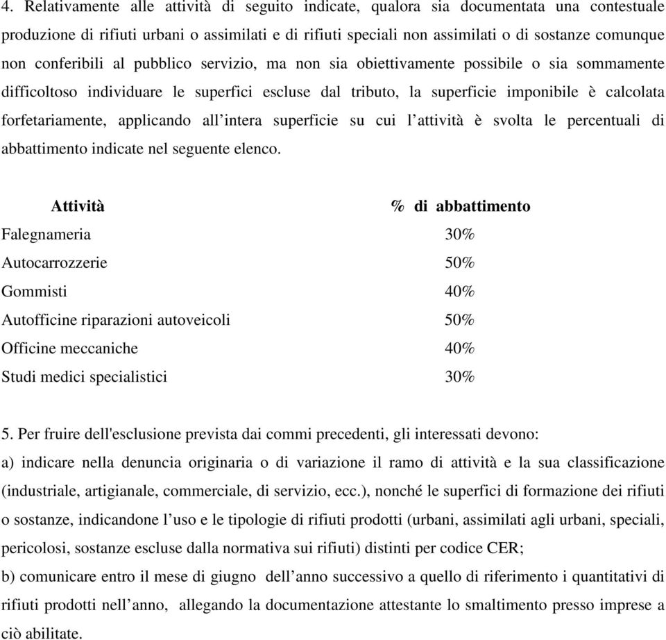 applicando all intera superficie su cui l attività è svolta le percentuali di abbattimento indicate nel seguente elenco.