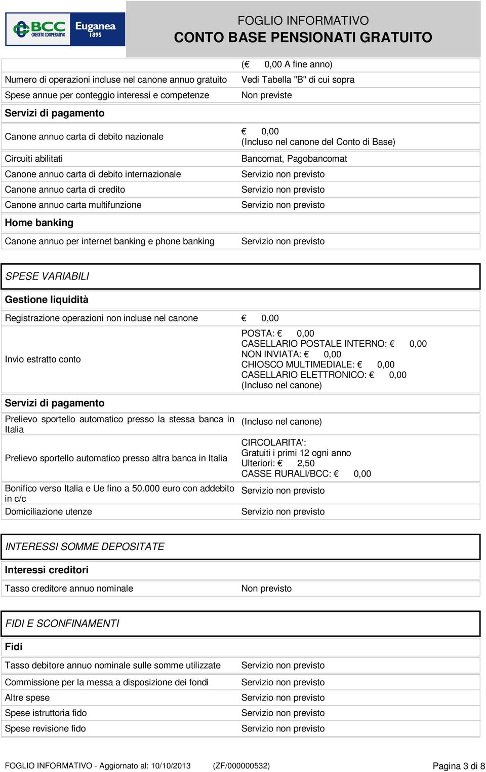 Base) Bancomat, Pagobancomat Home banking Canone annuo per internet banking e phone banking SPESE VARIABILI Gestione liquidità Registrazione operazioni non incluse nel canone 0,00 Invio estratto