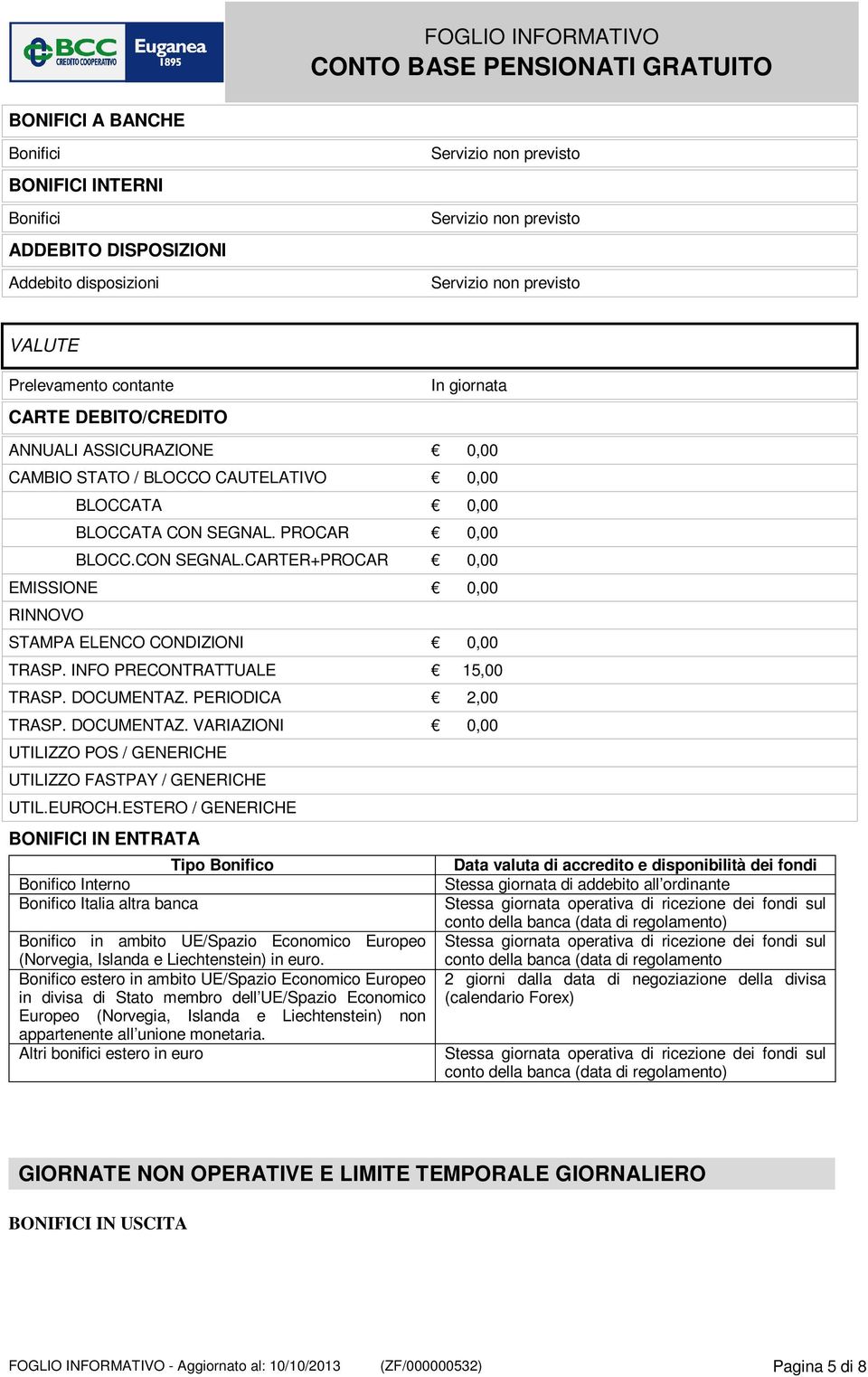 INFO PRECONTRATTUALE 15,00 TRASP. DOCUMENTAZ. PERIODICA 2,00 TRASP. DOCUMENTAZ. VARIAZIONI 0,00 UTILIZZO POS / GENERICHE UTILIZZO FASTPAY / GENERICHE UTIL.EUROCH.