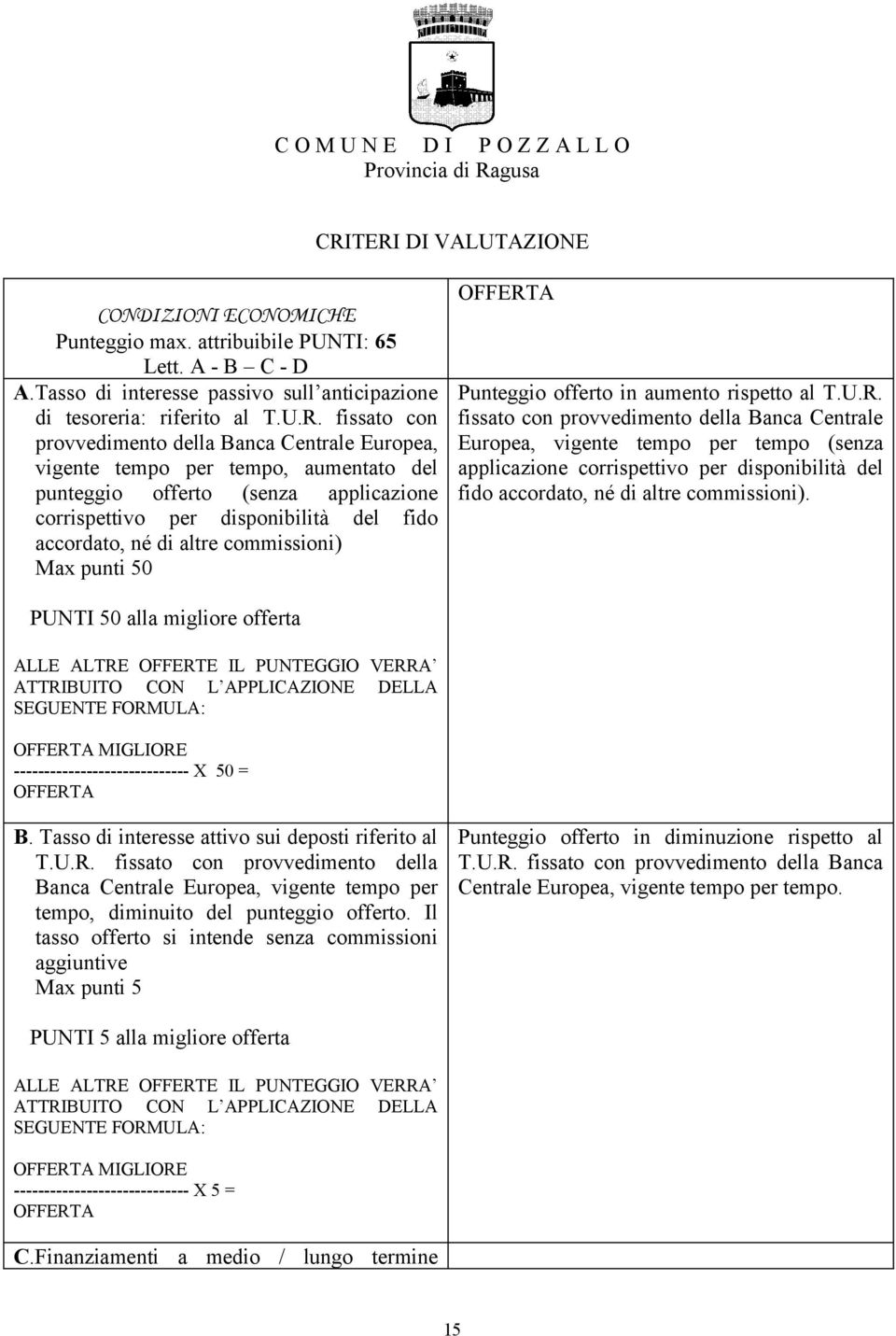 fissato con provvedimento della Banca Centrale Europea, vigente tempo per tempo, aumentato del punteggio offerto (senza applicazione corrispettivo per disponibilità del fido accordato, né di altre