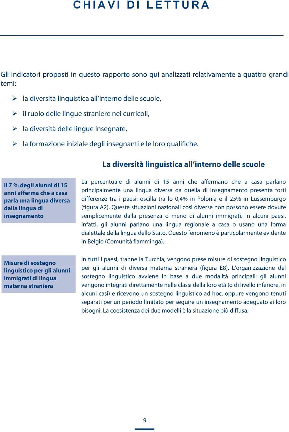 La diversità linguistica all interno delle scuole Il 7 % degli alunni di 15 anni afferma che a casa parla una lingua diversa dalla lingua di insegnamento Misure di sostegno linguistico per gli alunni