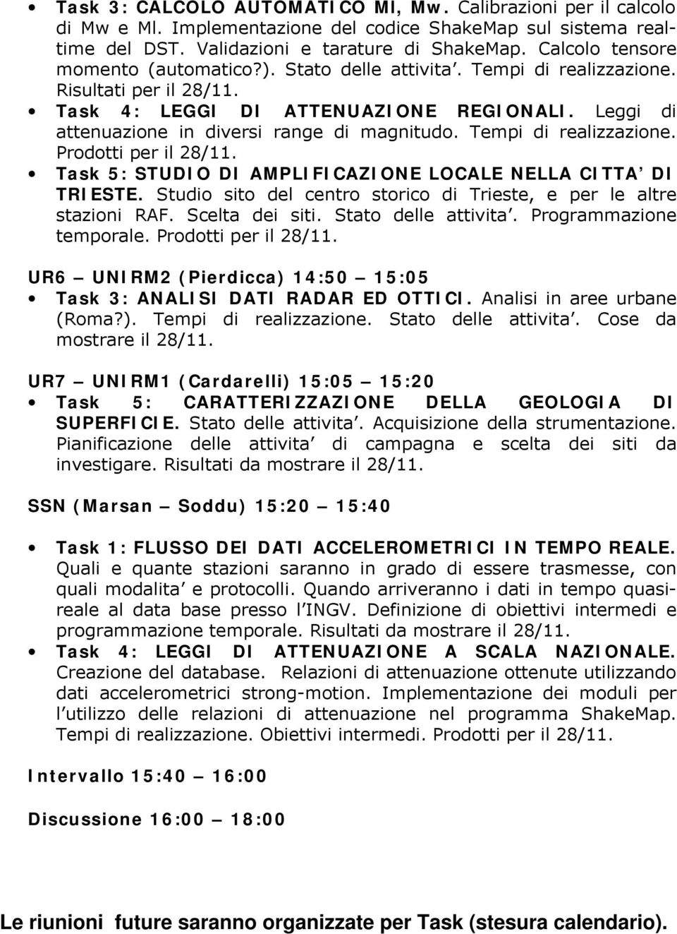 Leggi di attenuazione in diversi range di magnitudo. Tempi di realizzazione. Prodotti per il 28/11. Task 5: STUDIO DI AMPLIFICAZIONE LOCALE NELLA CITTA DI TRIESTE.