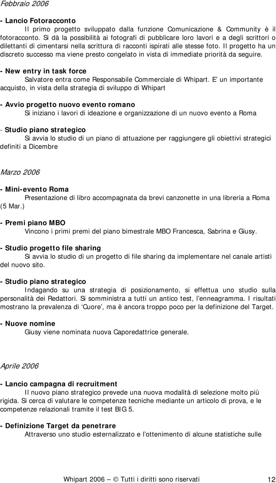 Il progetto ha un discreto successo ma viene presto congelato in vista di immediate priorità da seguire. - New entry in task force Salvatore entra come Responsabile Commerciale di Whipart.