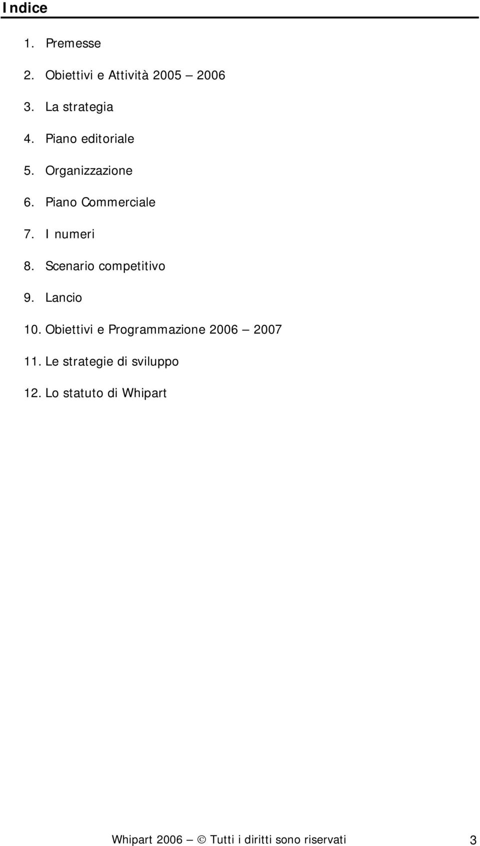 Scenario competitivo 9. Lancio 10. Obiettivi e Programmazione 20 2007 11.