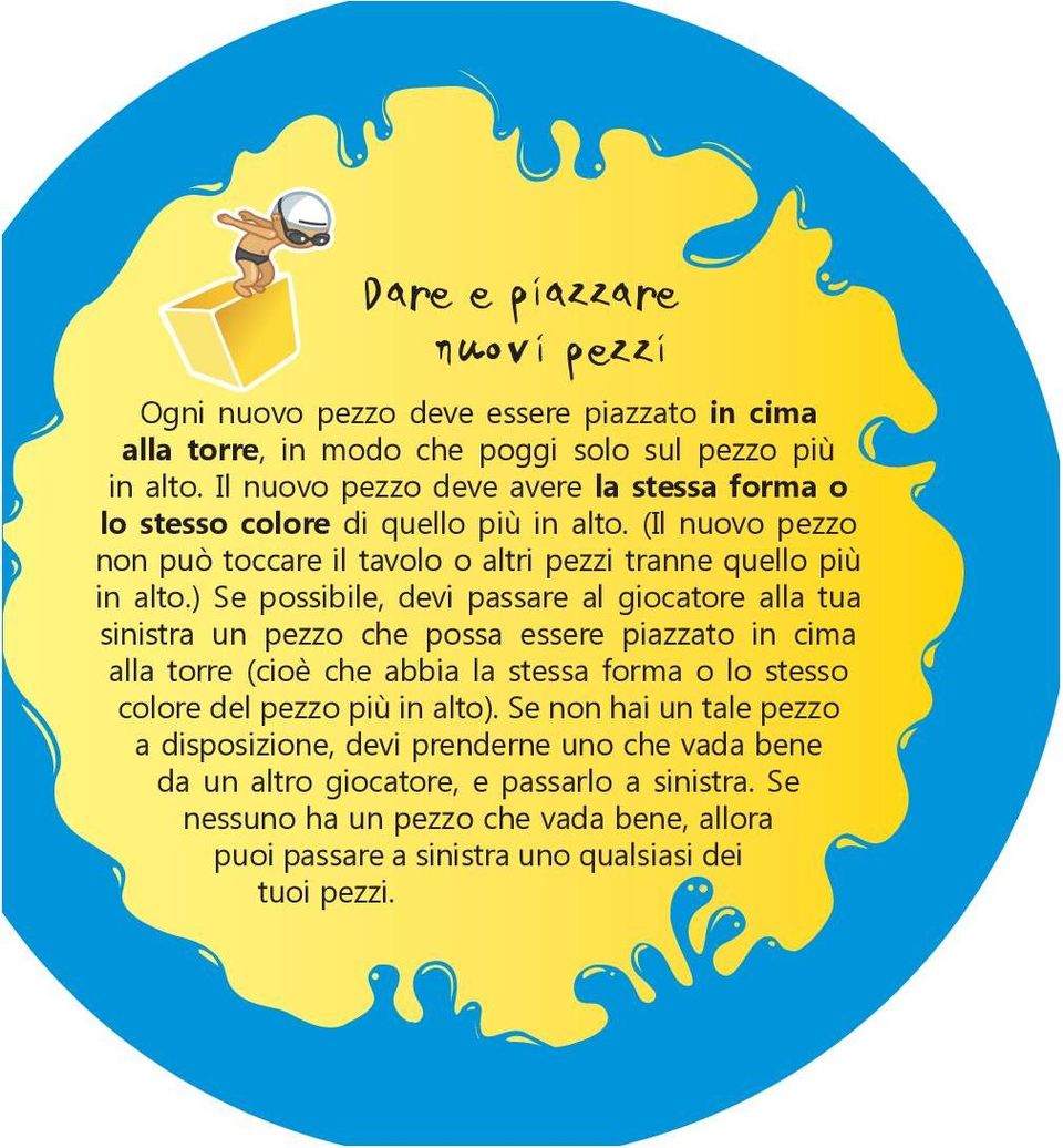 ) Se possibile, devi passare al giocatore alla tua sinistra un pezzo che possa essere piazzato in cima alla torre (cioè che abbia la stessa forma o lo stesso colore del pezzo