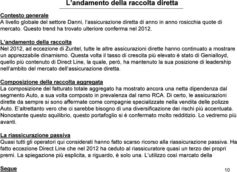 L andamento della raccolta Nel 2012, ad eccezione di Zuritel, tutte le altre assicurazioni dirette hanno continuato a mostrare un apprezzabile dinamismo.