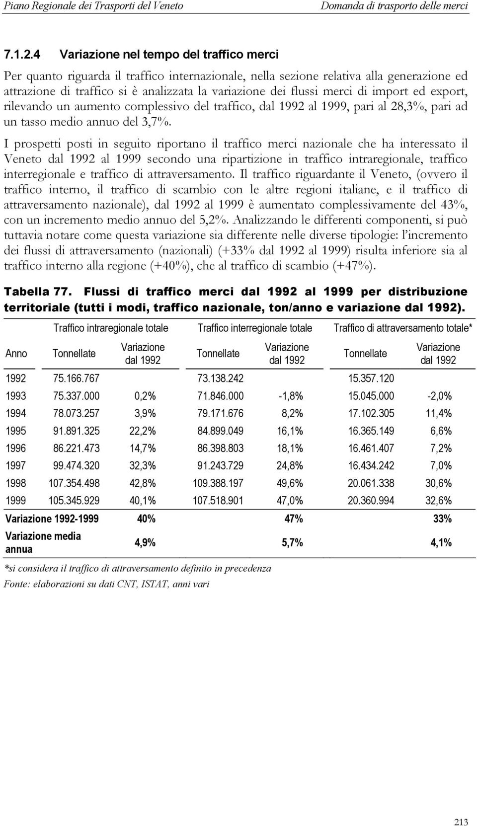 merci di import ed export, rilevando un aumento complessivo del traffico, dal 1992 al 1999, pari al 28,3%, pari ad un tasso medio annuo del 3,7%.