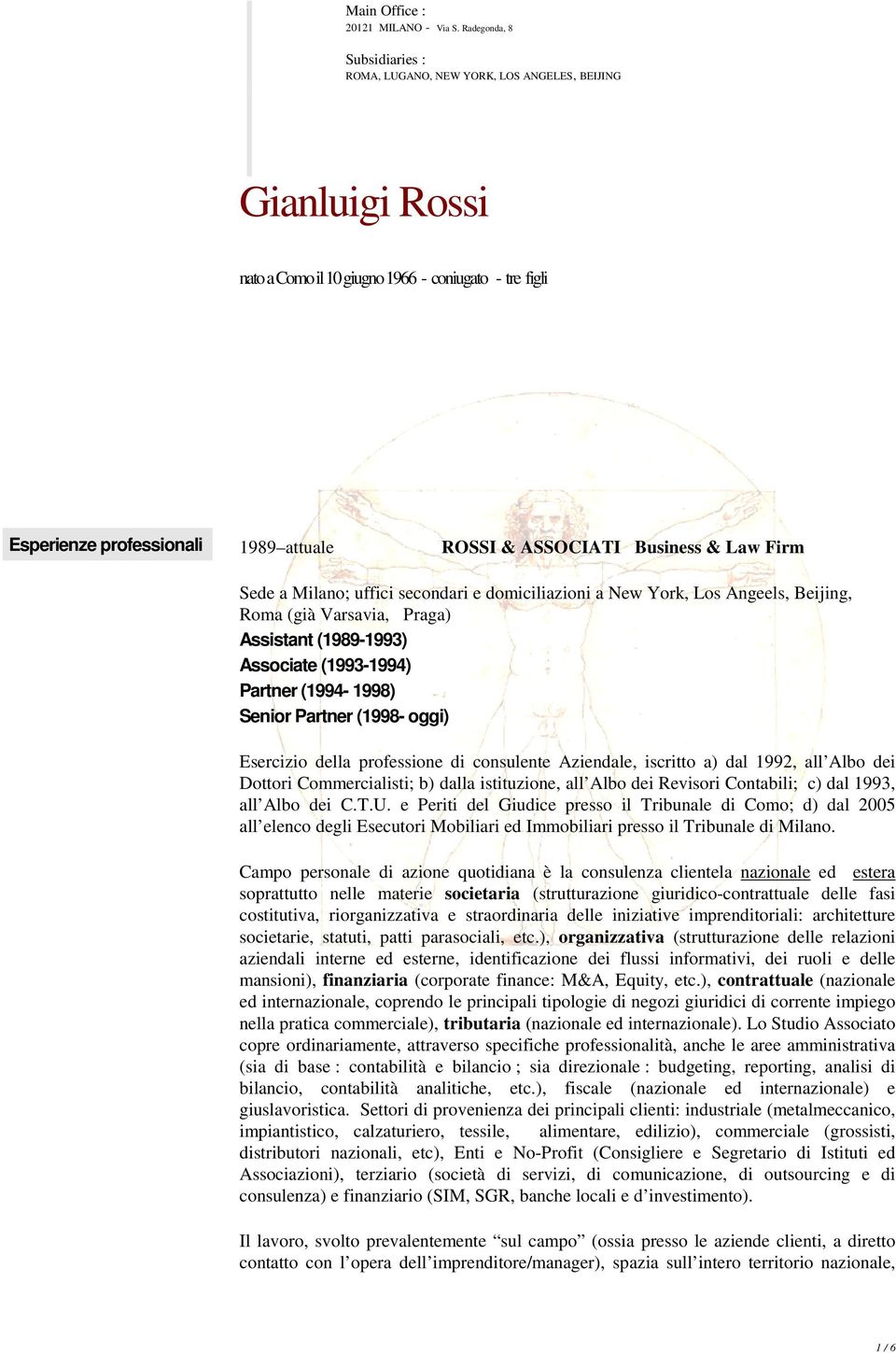 Business & Law Firm Sede a Milano; uffici secondari e domiciliazioni a New York, Los Angeels, Beijing, Roma (già Varsavia, Praga) Assistant (1989-1993) Associate (1993-1994) Partner (1994-1998)