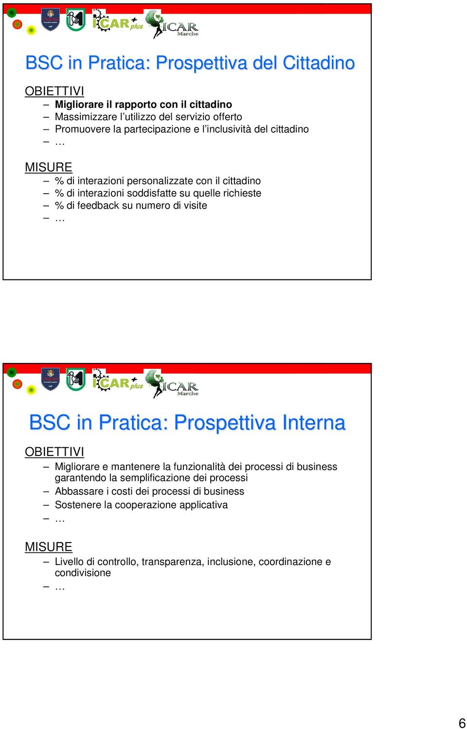 su numero di visite BSC in Pratica: Prospettiva Interna OBIETTIVI Migliorare e mantenere la funzionalità dei processi di business garantendo la semplificazione dei