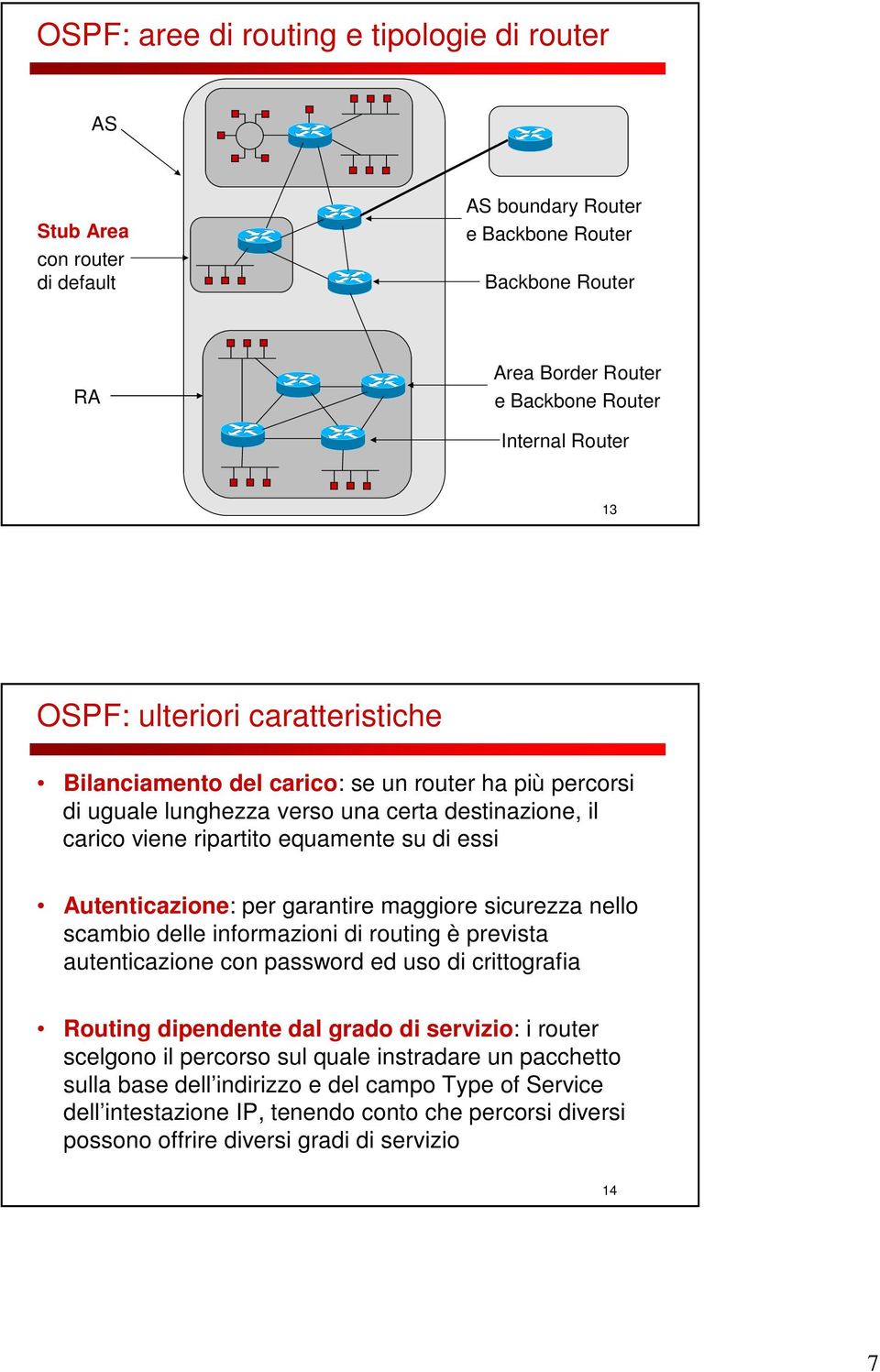 garantire maggiore sicurezza nello scambio delle informazioni di routing è prevista autenticazione con password ed uso di crittografia Routing dipendente dal grado di servizio: i router scelgono il