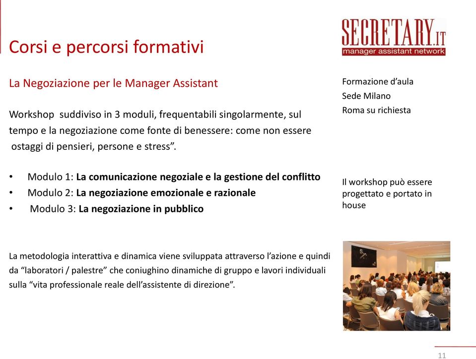 Formazione d aula Sede Milano Roma su richiesta Modulo 1: La comunicazione negoziale e la gestione del conflitto Modulo 2: La negoziazione emozionale e razionale Modulo 3: La