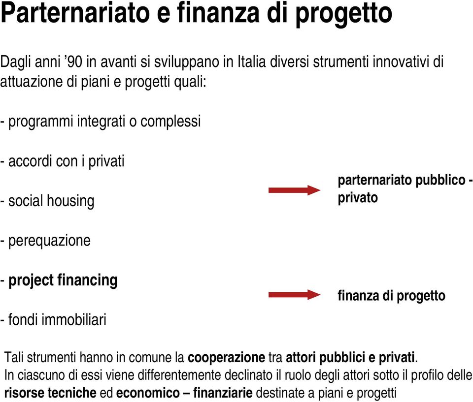 project financing - fondi immobiliari finanza di progetto Tali strumenti hanno in comune la cooperazione tra attori pubblici e privati.