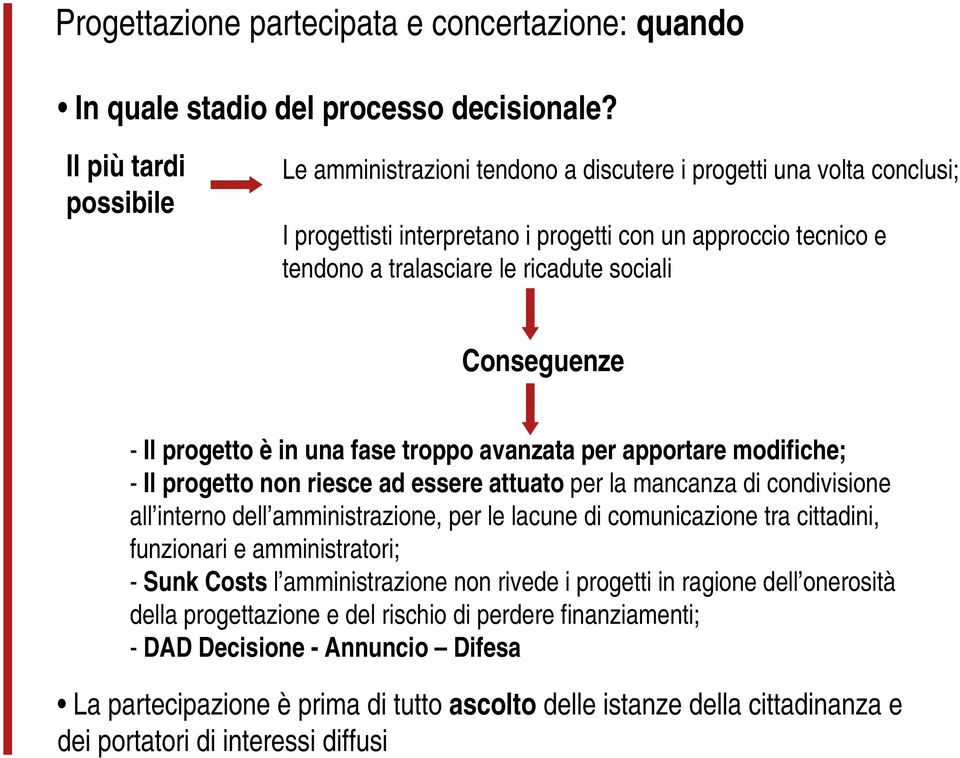 Conseguenze - Il progetto è in una fase troppo avanzata per apportare modifiche; - Il progetto non riesce ad essere attuato per la mancanza di condivisione all interno dell amministrazione, per le