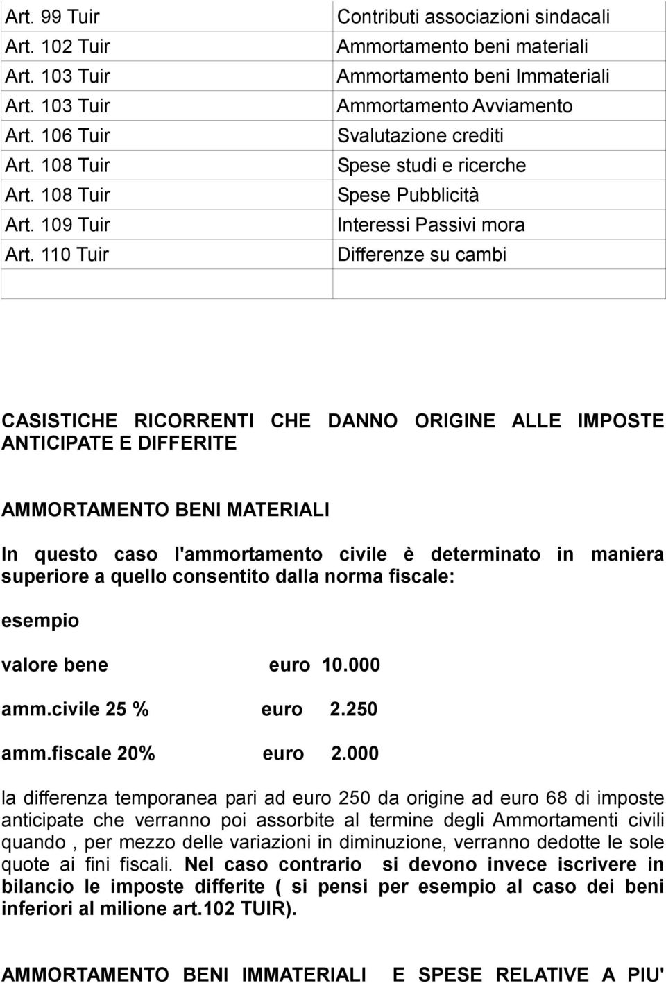 Passivi mora Differenze su cambi CASISTICHE RICORRENTI CHE DANNO ORIGINE ALLE IMPOSTE ANTICIPATE E DIFFERITE AMMORTAMENTO BENI MATERIALI In questo caso l'ammortamento civile è determinato in maniera