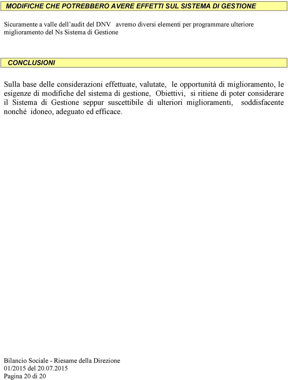 le opportunità di miglioramento, le esigenze di modifiche del sistema di gestione, Obiettivi, si ritiene di poter considerare il