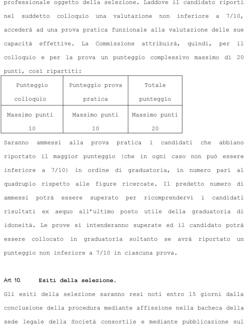 La Commissione attribuirà, quindi, per il colloquio e per la prova un punteggio complessivo massimo di 20 punti, così ripartiti: Punteggio colloquio Massimo punti 10 Punteggio prova pratica Massimo