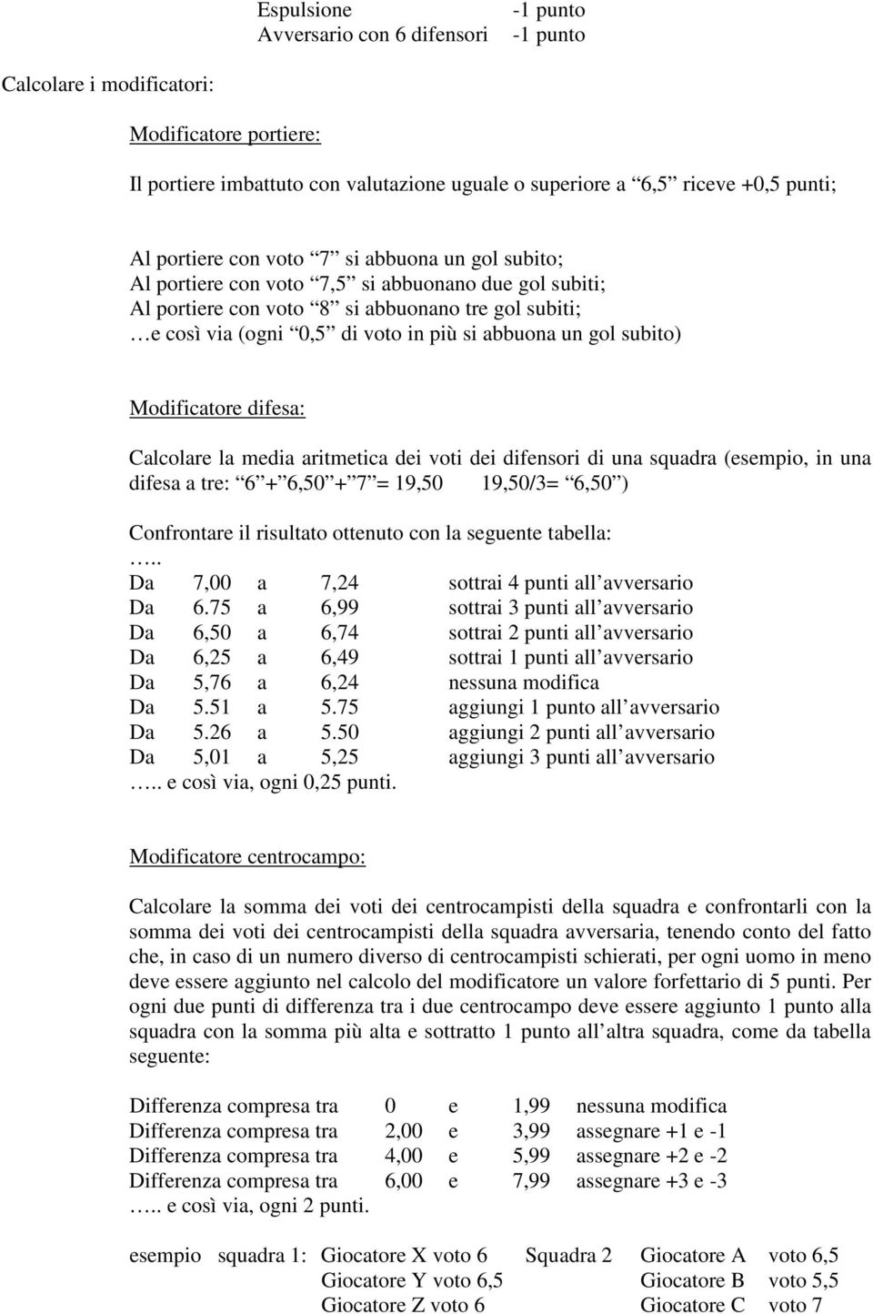 subito) Modificatore difesa: Calcolare la media aritmetica dei voti dei difensori di una squadra (esempio, in una difesa a tre: 6 + 6,50 + 7 = 19,50 19,50/3= 6,50 ) Confrontare il risultato ottenuto