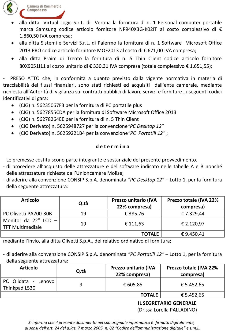 1 Software Microsoft Office 2013 PRO codice articolo fornitore MOF2013 al costo di 671,00 IVA compresa; alla ditta Praim di Trento la fornitura di n.