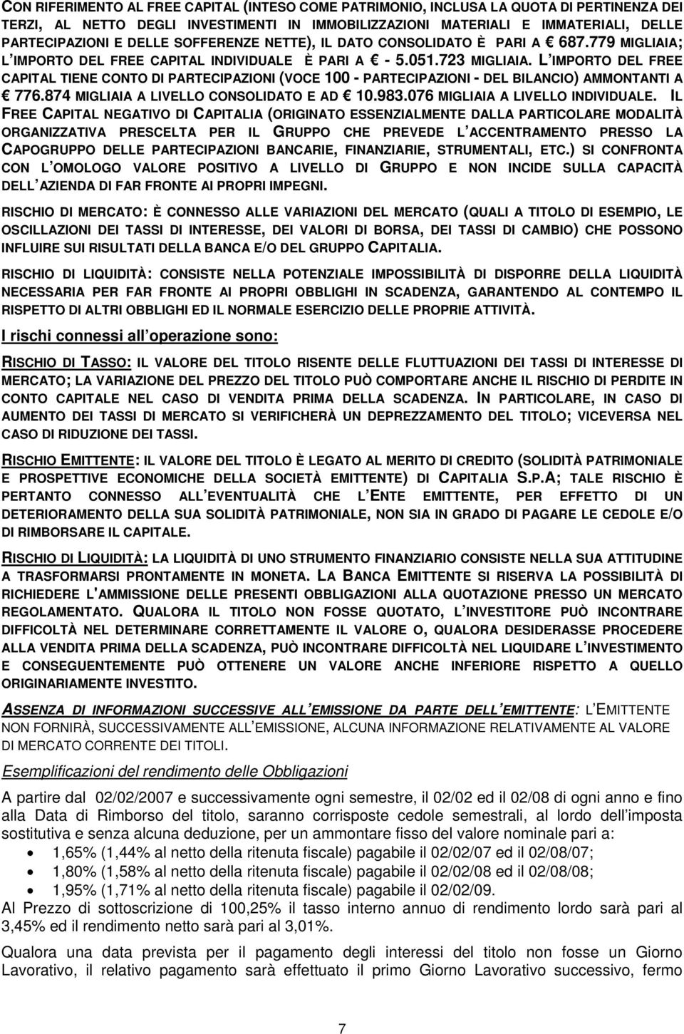 L IMPORTO DEL FREE CAPITAL TIENE CONTO DI PARTECIPAZIONI (VOCE 100 - PARTECIPAZIONI - DEL BILANCIO) AMMONTANTI A 776.874 MIGLIAIA A LIVELLO CONSOLIDATO E AD 10.983.076 MIGLIAIA A LIVELLO INDIVIDUALE.