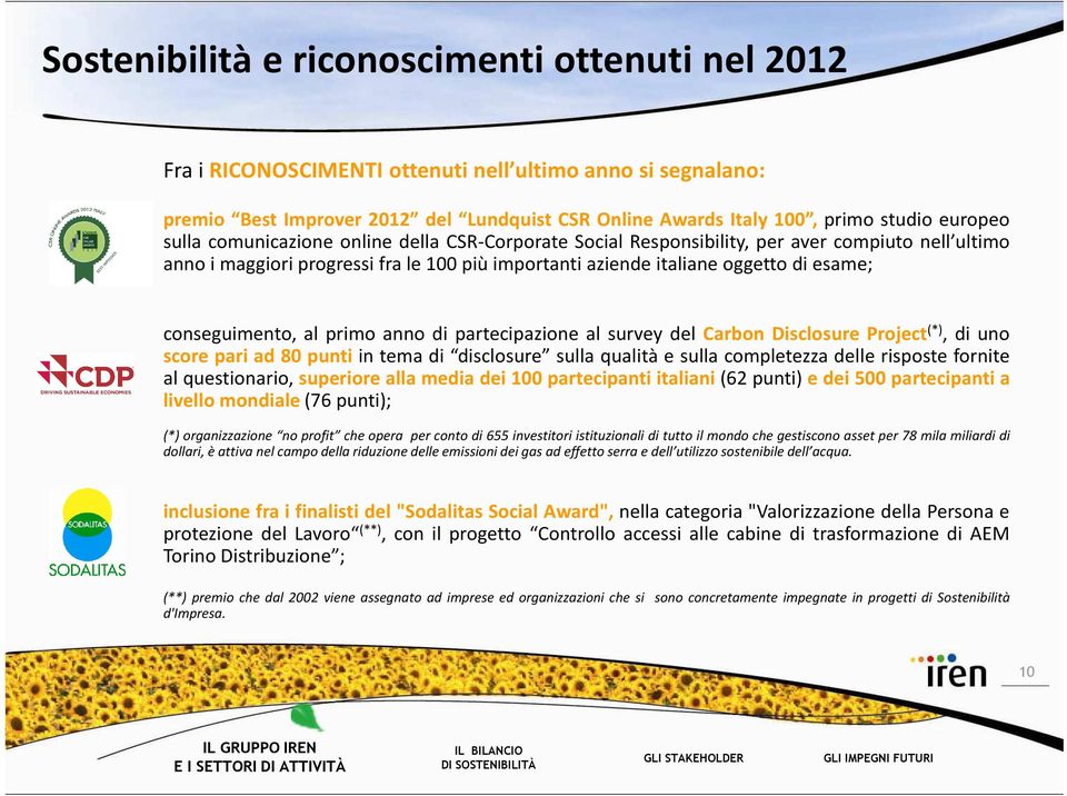 conseguimento, al primo anno di partecipazione al survey del Carbon Disclosure Project (*), di uno score pari ad 80 punti in tema di disclosure sulla qualità e sulla completezza delle risposte