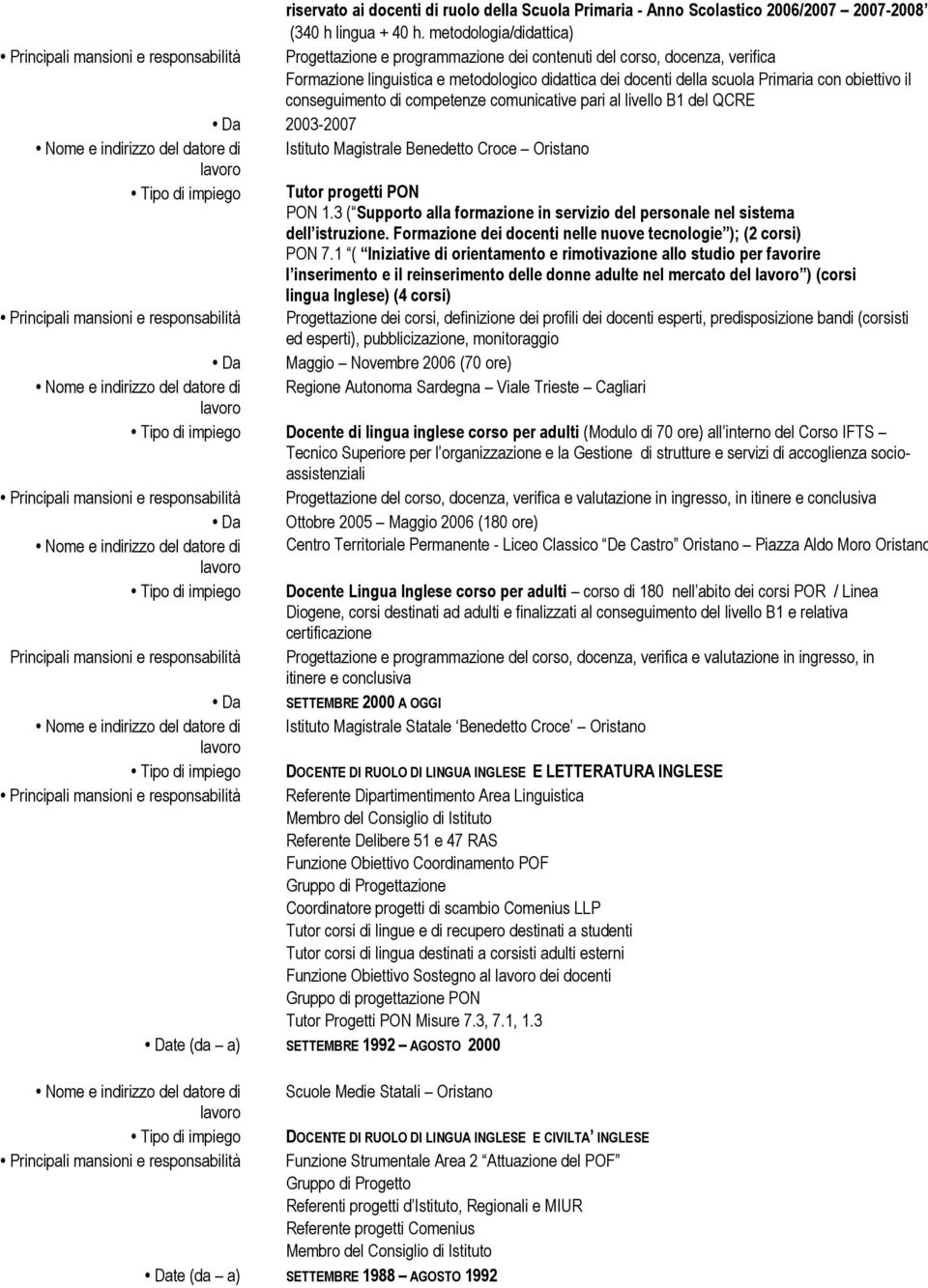 conseguimento di competenze comunicative pari al livello B1 del QCRE 2003-2007 Nome e indirizzo del datore di Istituto Magistrale Benedetto Croce Oristano Tutor progetti PON PON 1.