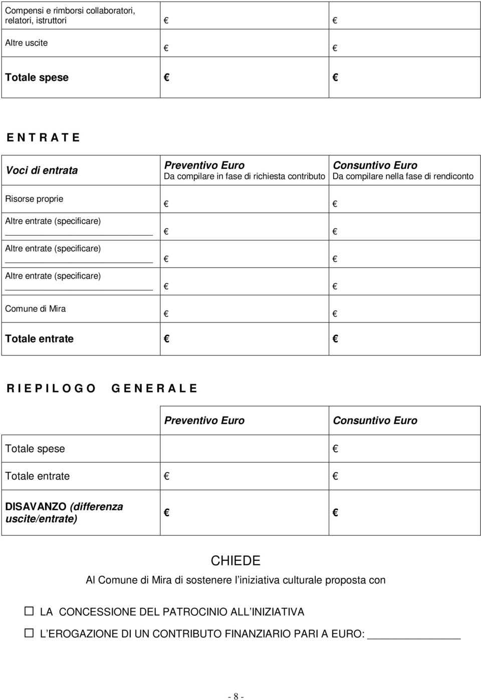 Comune di Mira Totale entrate R I E P I O G O G E N E R A E Preventivo Euro Consuntivo Euro Totale spese Totale entrate DISAVANZO (differenza uscite/entrate) CHIEDE