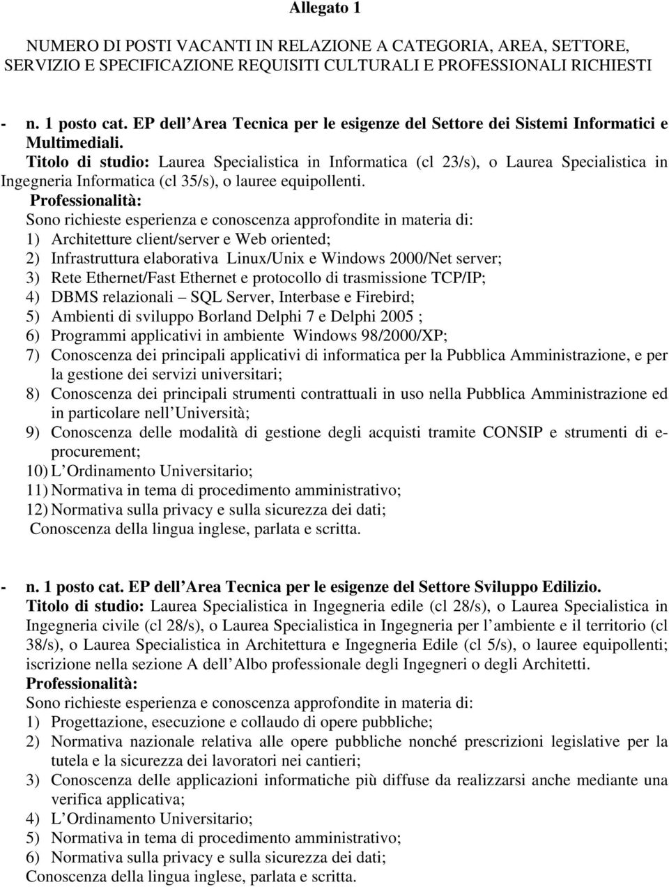 Titolo di studio: Laurea Specialistica in Informatica (cl 23/s), o Laurea Specialistica in Ingegneria Informatica (cl 35/s), o lauree equipollenti.