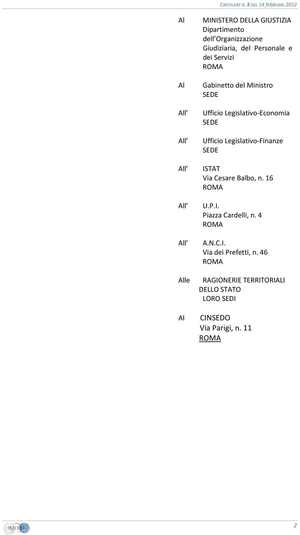 Legislativo-Finanze SEDE ISTAT Via Cesare Balbo, n. 16 ROMA U.P.I. Piazza Cardelli, n. 4 ROMA A.N.C.I. Via dei Prefetti, n.