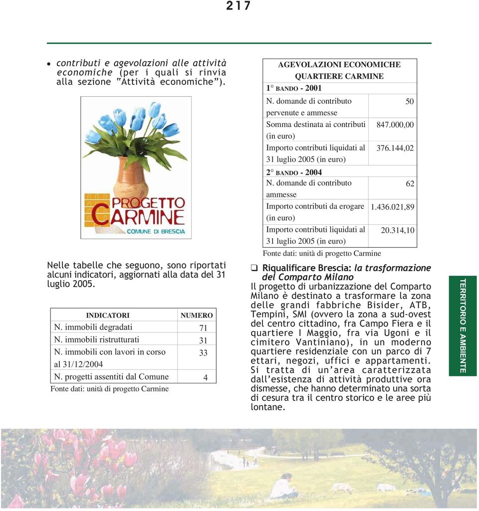 immobili con lavori in corso al 31/12/2004 N. progetti assentiti dal Comune Fonte dati: unità di progetto Carmine NUMERO 71 31 33 4 AGEVOLAZIONI ECONOMICHE QUARTIERE CARMINE 1 BANDO 2001 N.