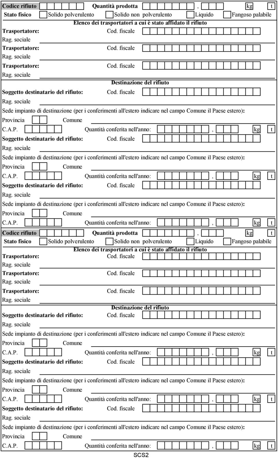 A.P. Quantità conferita nell'anno:, kg t Soggetto destinatario del rifiuto: Cod. fiscale Rag.
