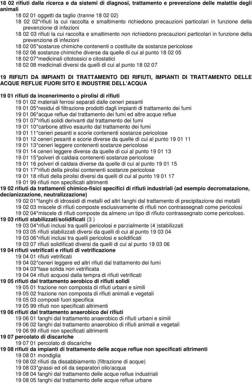 prevenzione di infezioni 18 02 05*sostanze chimiche contenenti o costituite da sostanze pericolose 18 02 06 sostanze chimiche diverse da quelle di cui al punto 18 02 05 18 02 07*medicinali