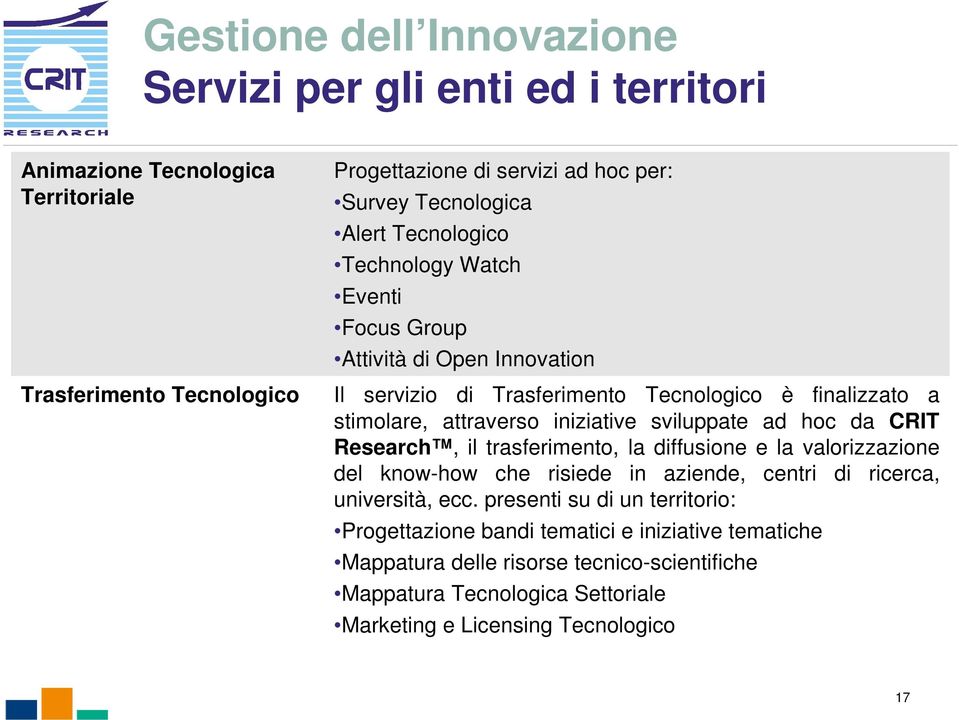 iniziative sviluppate ad hoc da CRIT Research, il trasferimento, la diffusione e la valorizzazione del know-how che risiede in aziende, centri di ricerca, università, ecc.